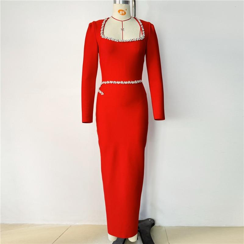 New Bandage Dress Elegant Square Neck Long Sleeve Diamond Long Hip Wrap Party Banquet Evening Dress Fashion