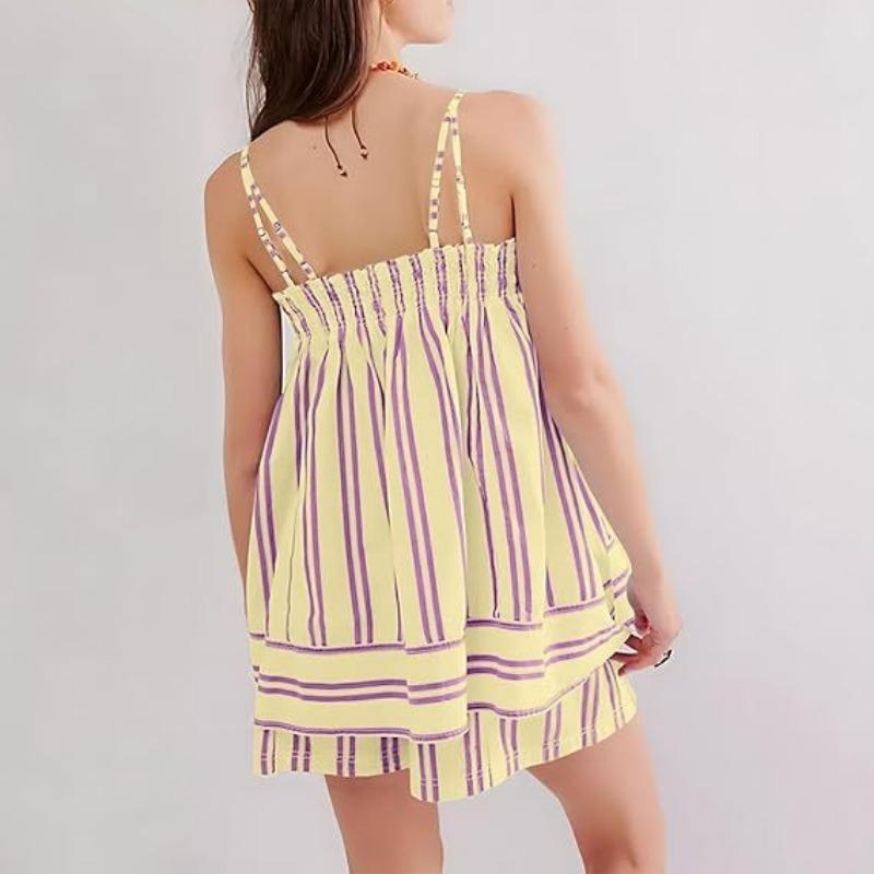 VEZFAA Women's Fashion Casual Summer Spring Stripe Print Sleeveless Suspenders Trousers Pants Suits