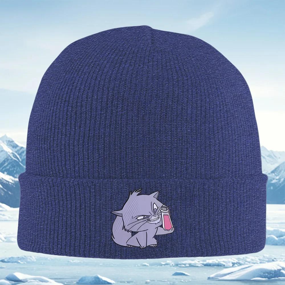 New Cartoon Cat with Pink Bottle Unisex Women Unisex Knitted Hat Beanie Pullover Cap Winter Thermal Warm Christmas Outdoor Cycling