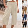 Women Summer Pants Solid Color Elastic Waist Wide Band Loose Breathable Daily Wear Mid-calf Length High Waist Women Cropped Pants Female Clothes