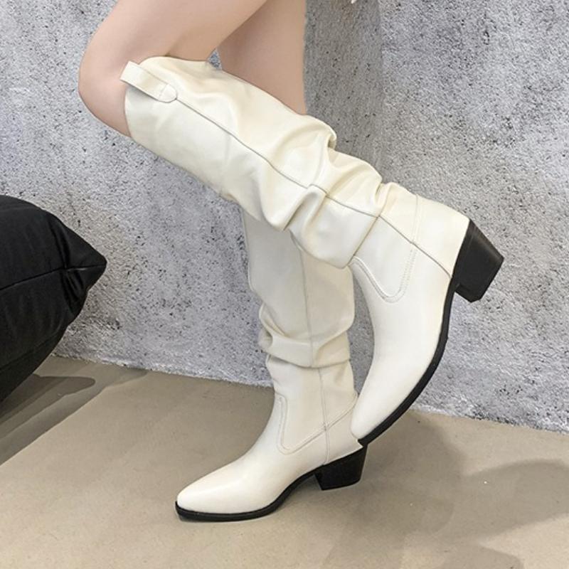 Women High Boots Pleated Knee High Heeles Shoes Sexy Pointed Toe Chunky Chelsea Boots 2025 Designer Winter New Pumps