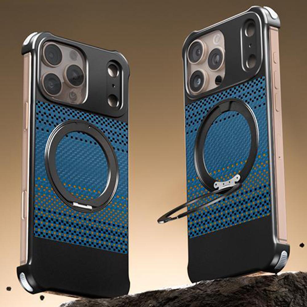 For iPhone 16 Pro Max Magnetic Case Borderless Carbon Fiber Texture PU Metal Phone Cover with Kickstand