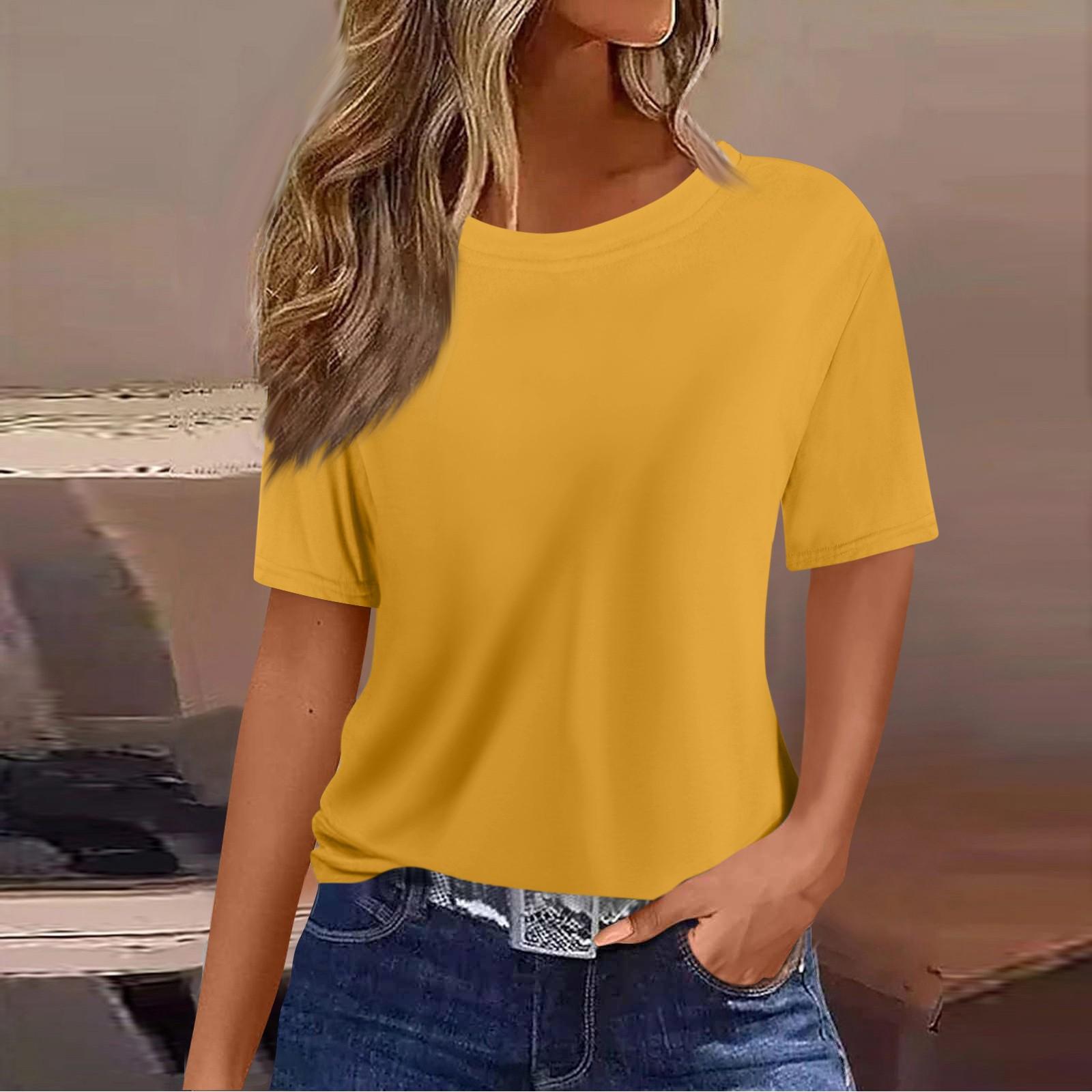 

Женская свободная повседневная футболка с коротким рукавом и круглым вырезом, однотонный пуловер, топ XL жёлтый