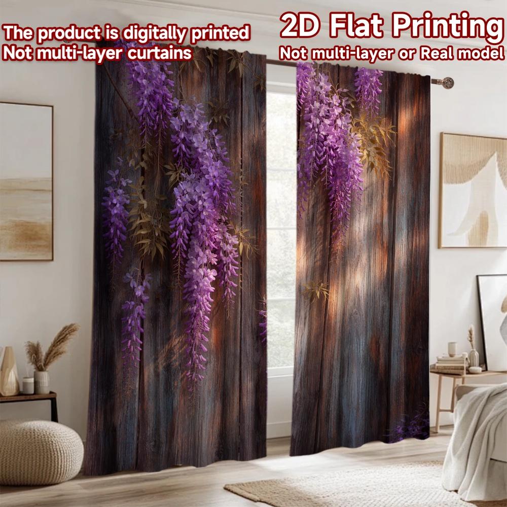 2D Flat Printing 2pcs Curtain Drapes Spring Purple Blooms Digital Printed Polyester Drapes Festive Curtains Perfect for Holiday