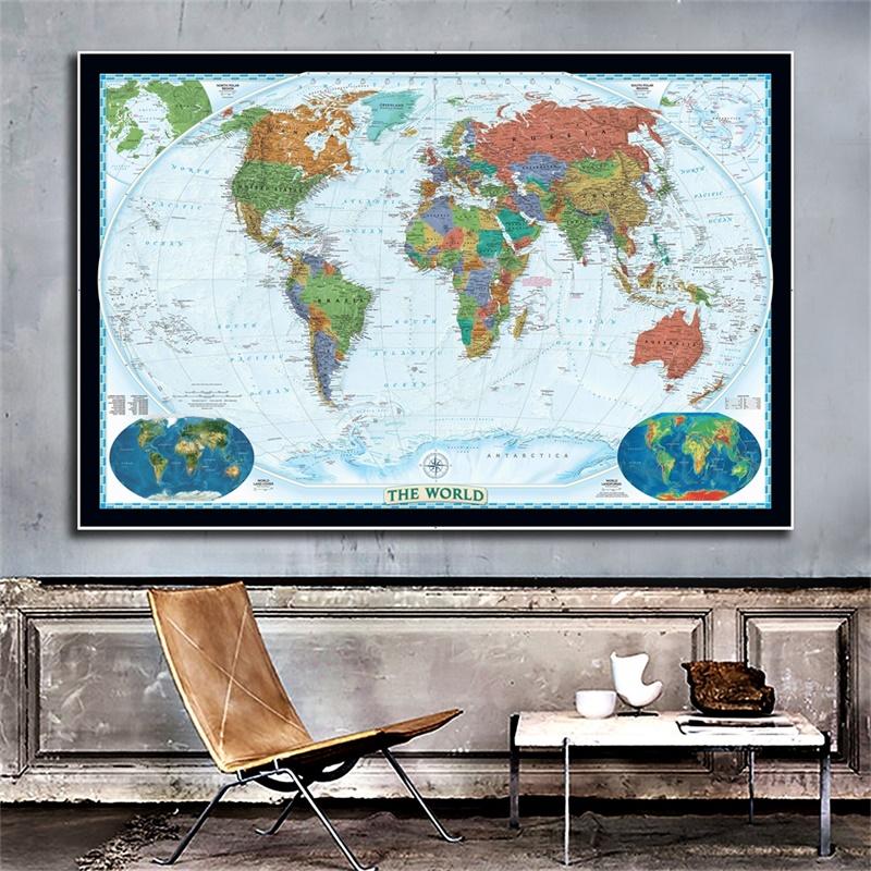 World Political Map Large Poster Prints Wall Hanging Art Vinyl and Non-woven Fabric Background Cloth Wall Decor