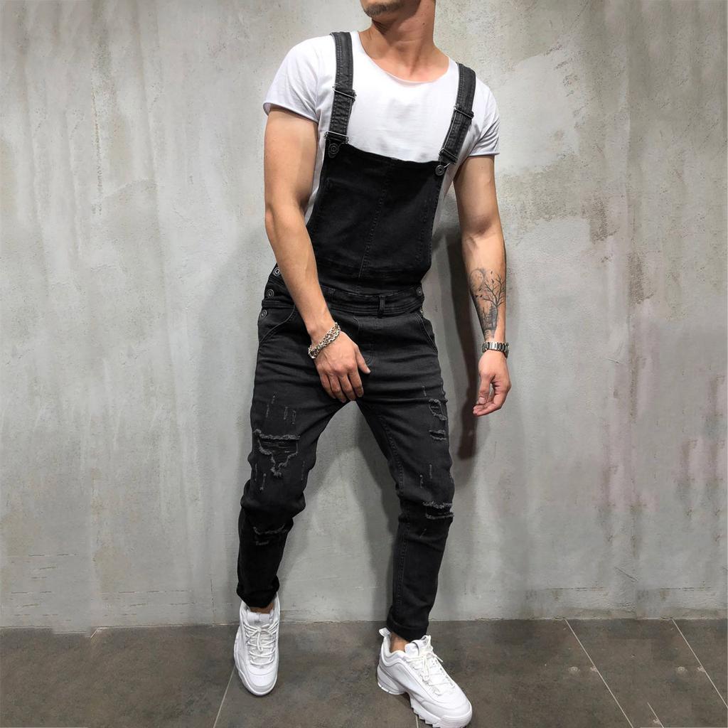 Mens Washed Denim Bib Jeans Overalls Casual Ripped Denim Jumpsuits Rompers