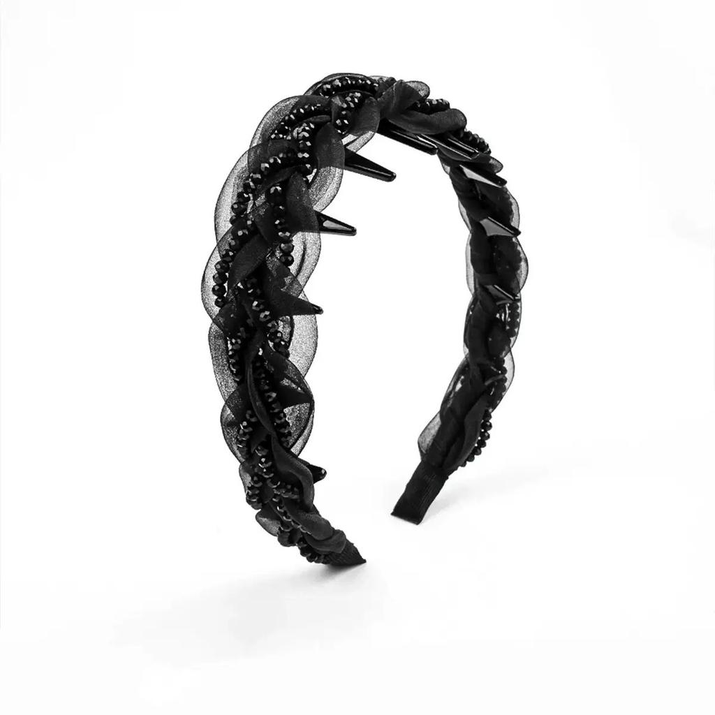 Women French Sparkling Pearl Wavy Headband, High Skull Top Toothed Hair Band, Non-slip External Wear Pressure-Reducing Hair Accessory