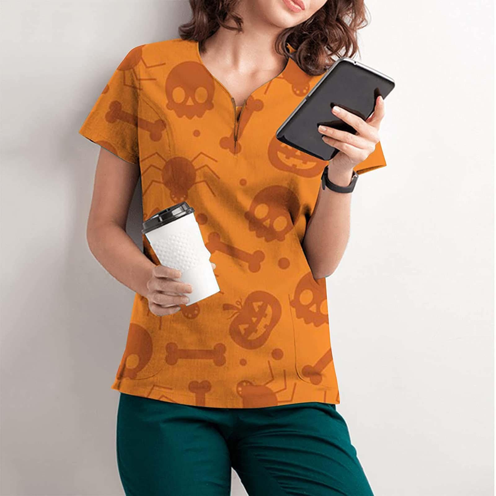 

Women Halloween Short Sleeve V-neck Tops Working Uniform Pocket Blouse XL жёлтый