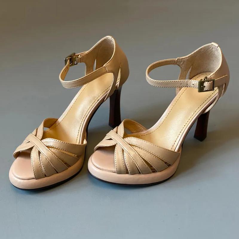 

Retro Weaving Design Heeled Sandals Women Sexy Peep Toe High Heels Elegant Cover Heel Buckle Platform Gladiator Sandals Sandales 39 телесный