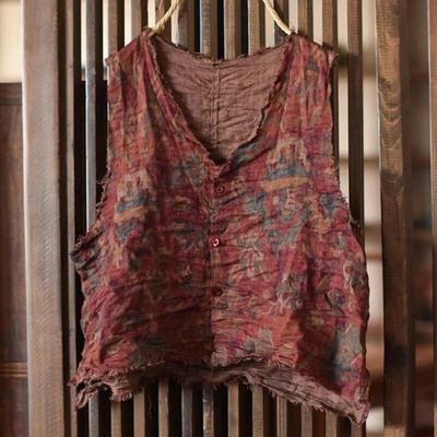 Damskie podkoszulki w stylu vintage z kwiatowym nadrukiem, dekolt w serek, letnie bluzki w stylu chińskim z guzikami