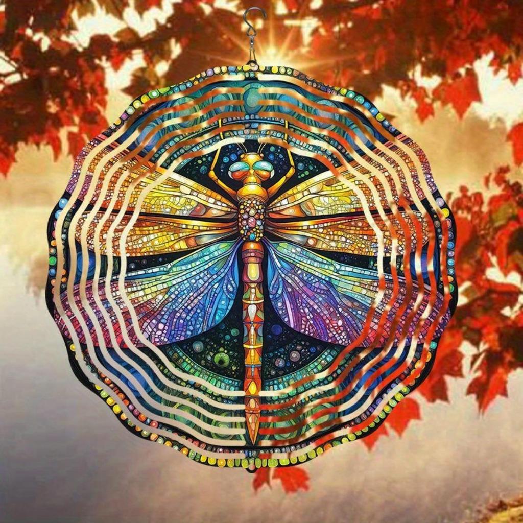 Hanging Wind Chime with Colorful Dragonfly Pattern 2D Kinetic Metal Art for Outdoor Courtyard Balcony Garden Decor
