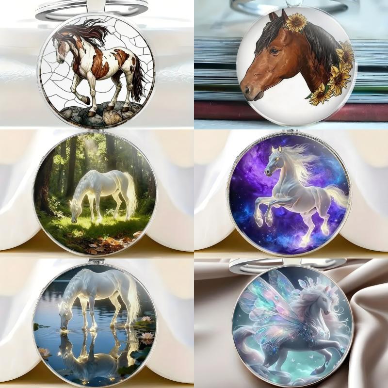 Fashion Vintage Horse Pattern Design Dome Glass Alloy Keychain Backpack Pendant Hanging Decoration Car Keyring Gifts