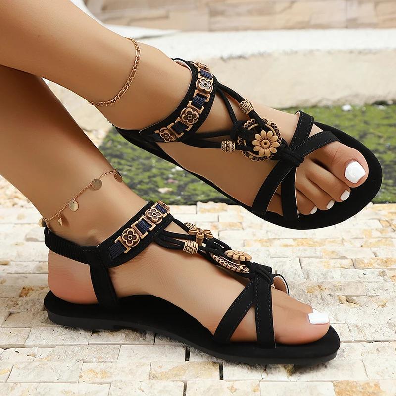 Fashion Bohemian Style Women's Flat Sandals Summer Comfortable Non Slip Beach Shoes Woman Vintage Beaded Flower Decor Gladiator Sandals