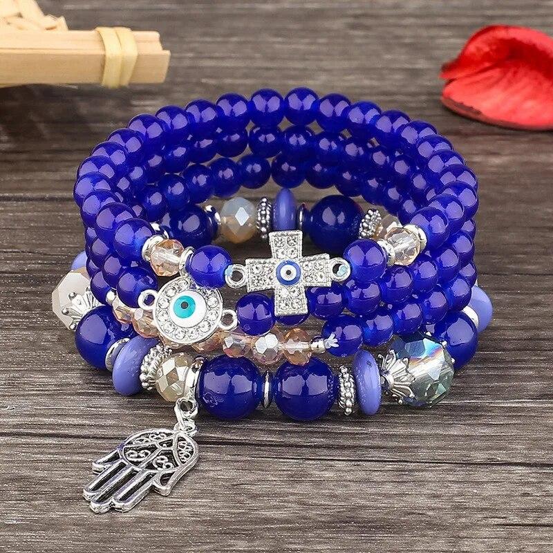 Bracciale Regolabile con Perline Acriliche Multistrato alla Moda per Donne BoHo Portafortuna Malocchio Croce Palma Ciondoli Bracciali Gioielli