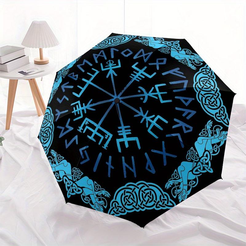 Viking Vegvisir Compass Norse Runes Nordic Symbol Decal Blue on BlackUmbrella, Portable 3-Fold Umbrella for Men & Women,Christmas Gift ES181