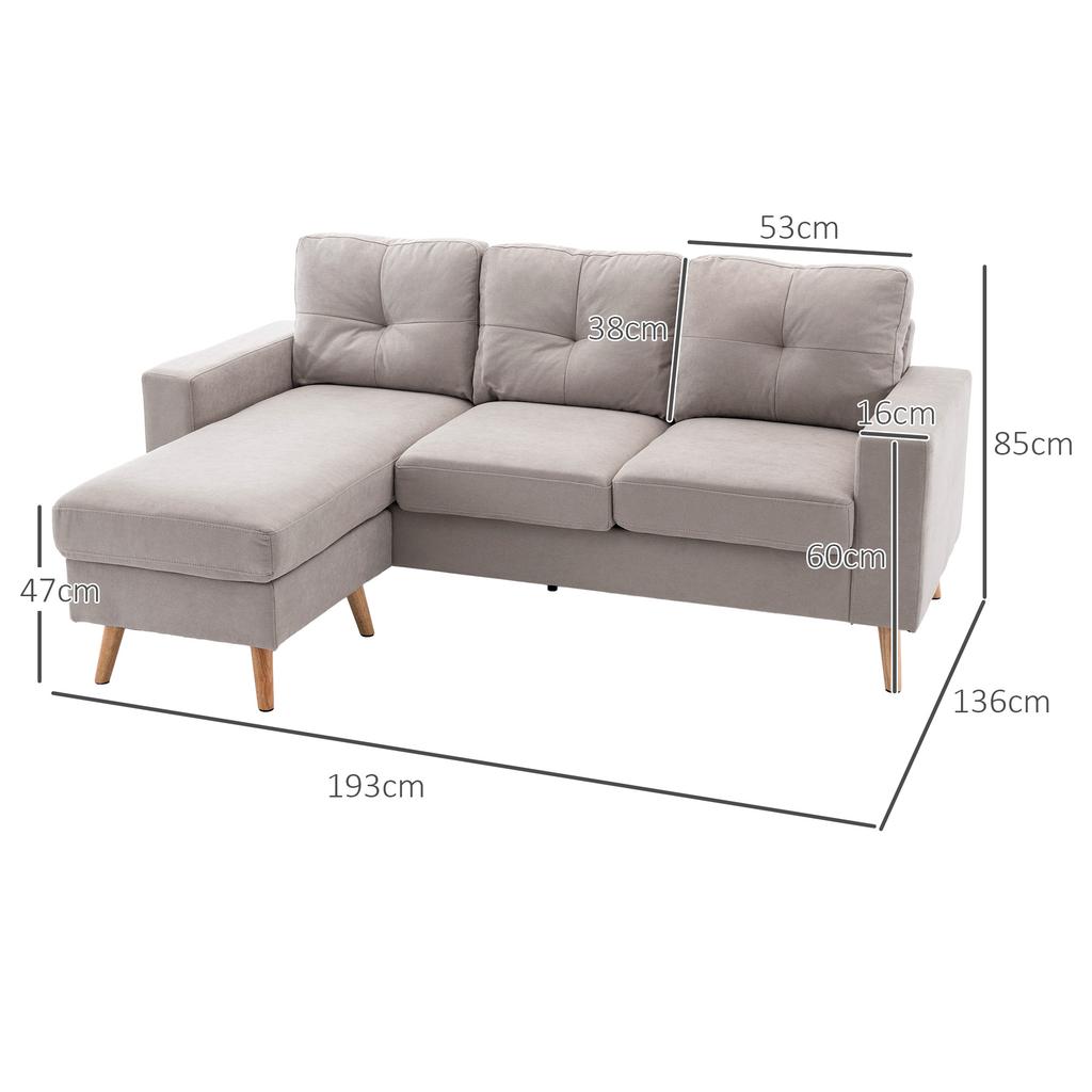 3 Seater Corner Sofa Linen Look Reversible Chaise Longue 193x136x85 Cm Light Gray