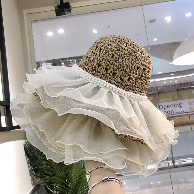 Women's Summer French Style Lace Pearl Trim Straw Woven Hat Wide Brim Japanese Style Beach Sunshade Foldable Sun Protection Hat