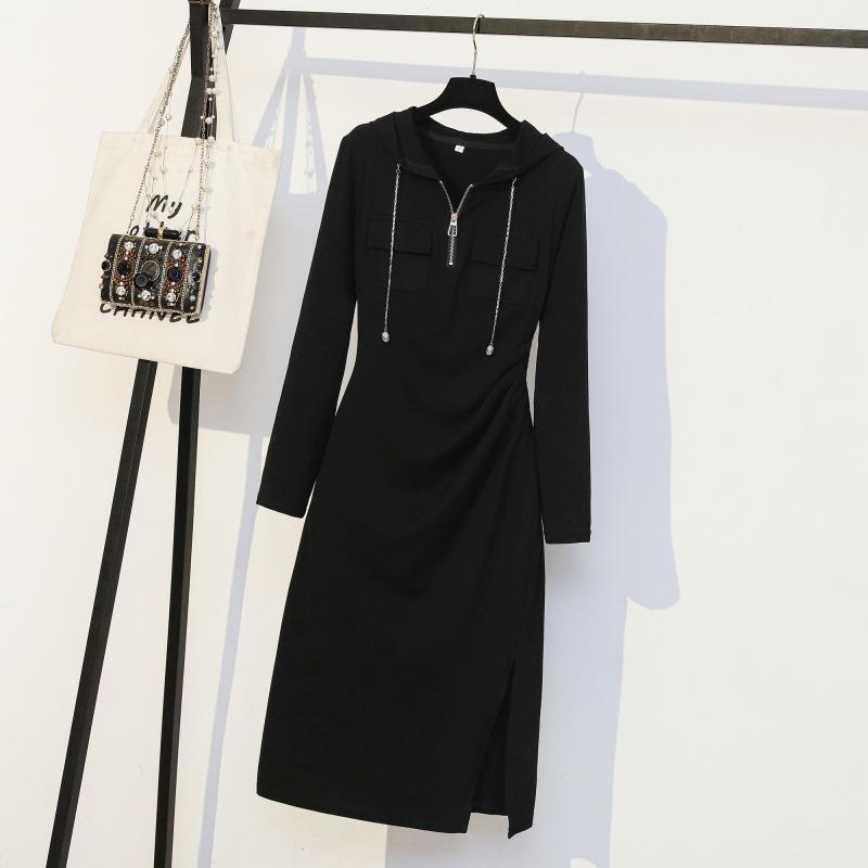2023 Autumn Hooded Zipper Slit Dress for Women - Large Size, Slimming, Belly-Covering, Age-Reducing Style