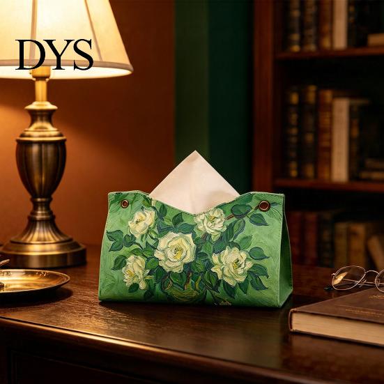 Modern Home Decor Leather Tissue Box Cover, Foldable Desktop Organizer, Oil Painting Style Napkin Holder Case, Storage Facial Paper Organizer