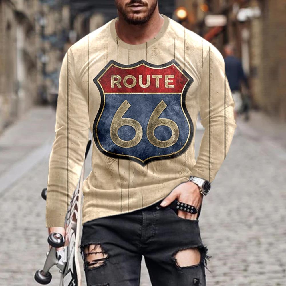 ETST31 2024 Heren T-shirts Lange Mouw 3D Print Top Casual Katoen Vintage T-shirt Vintage Route 66 Tee Los Sport O-hals Kleding 5xl M