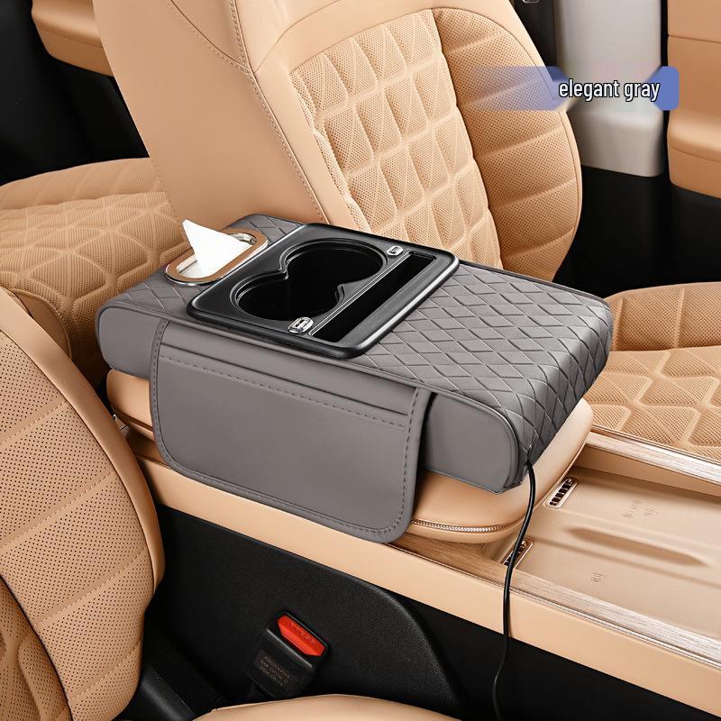 Rhombus Charging Car Armrest with Nappa Leather, Dual Cup Holder, Storage & Tissue Box.
