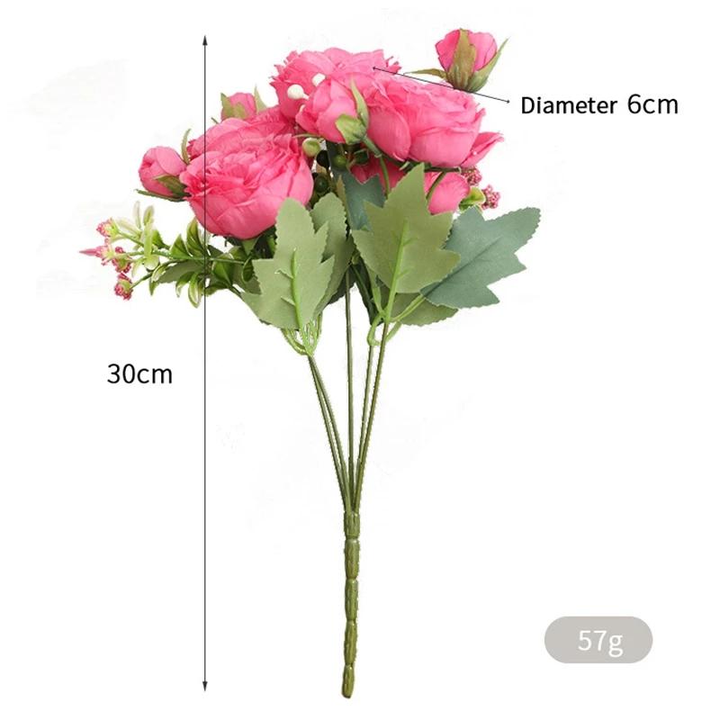 Ramo de peonías artificiales de seda rosa de 30 cm, 5 cabezas grandes y 4 capullos, flores falsas económicas para decoración del hogar, bodas e interiores.