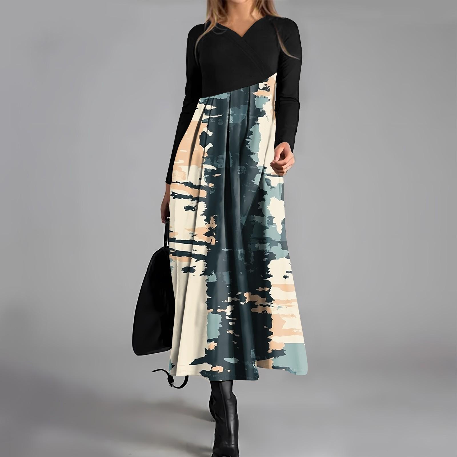 

Женское повседневное модное платье с V-образным вырезом и длинными рукавами, камуфляжный принт, карман на талии, большое свободное платье XL тёмно-синий