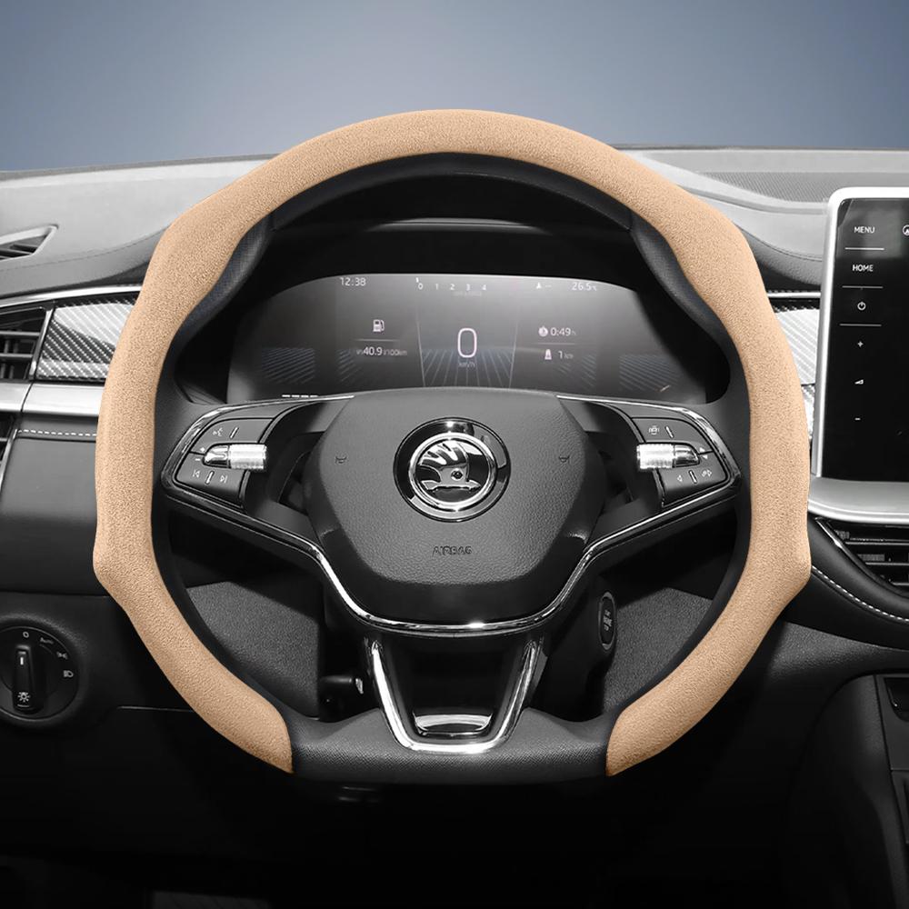 Suitable for Skoda Premium Suede Snap-On Steering Wheel Cover, Non-Slip and Durable, Round and D-Shaped Steering Wheel Available for Octavia 