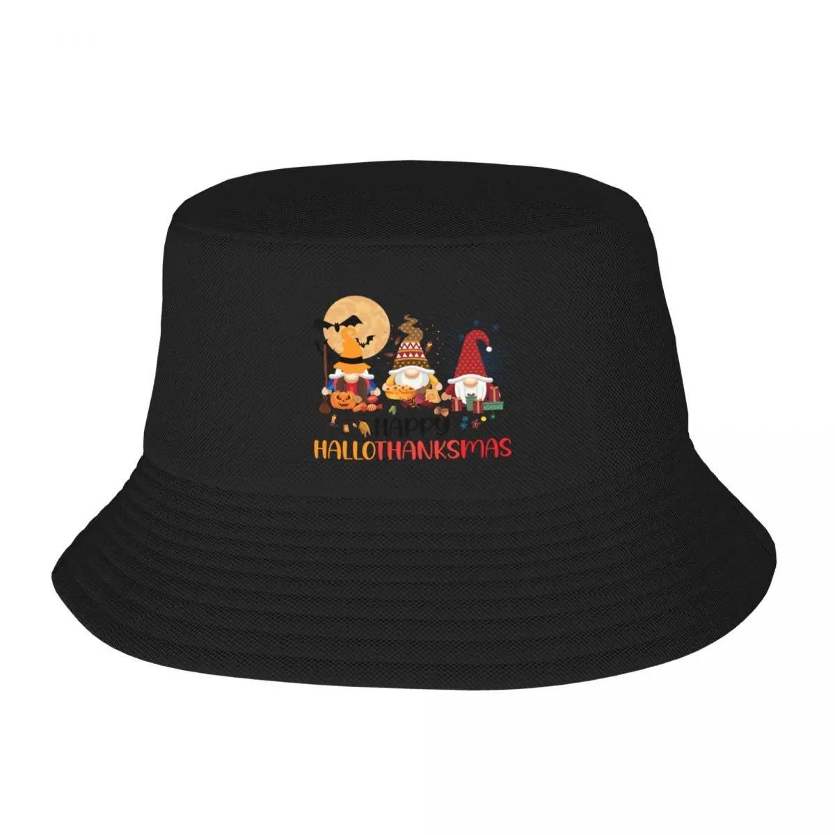 New Gnomes Lover Halloween Merry Christmas Happy Hallothanksmas Bucket Hat Vintage Caps Golf Hat Women Unisexs