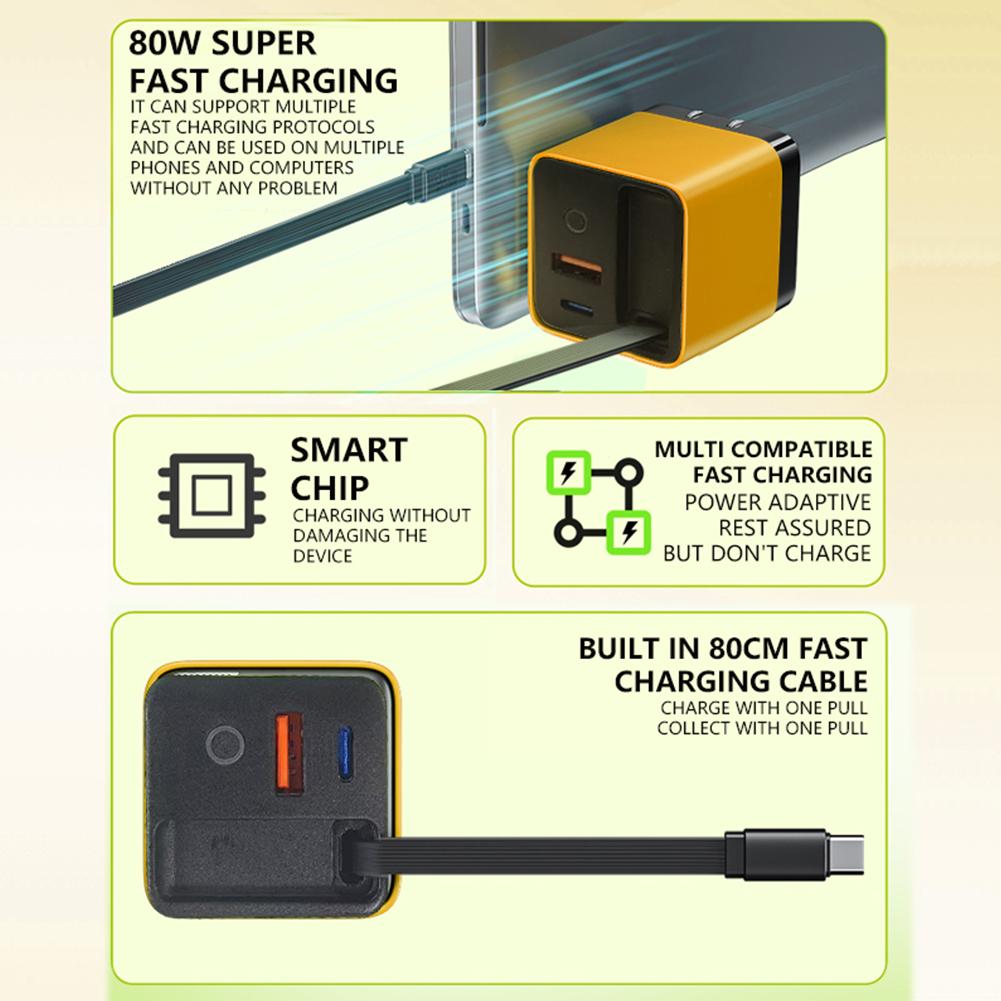 3 in 1 GaN Charger 80W Scalable Max Fast Charger with Type C Cable and 2 USB Ports, Retractable Phone Wall Plug for Phone Laptop