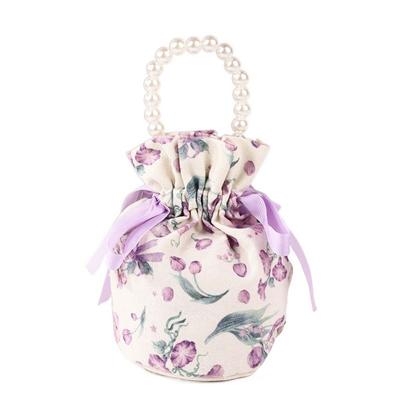 Ribbon Bow Canvas Flower Drawstring Bag Pearl Handle Floral Festive Sugar Bag Candy Storage Wedding Bowknot Handbag Female/Girls