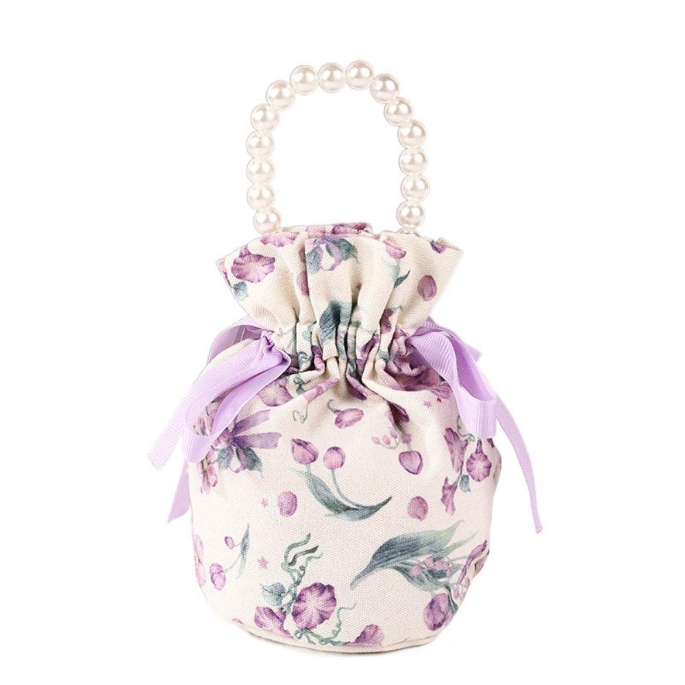 Ribbon Bow Small Flower Wrist Bag Pearl Handle Bowknot Handbag Festive Sugar Bag  Female/Girls