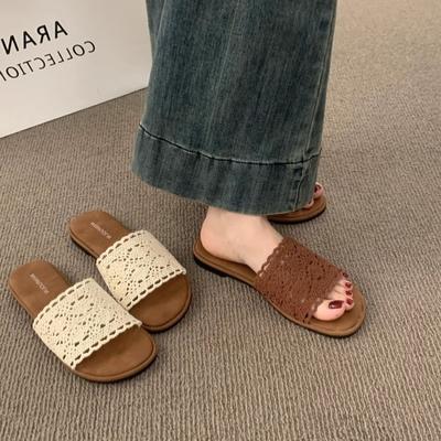 Vintage Casual Flat-bottomed Woven One-word with Open-toed Slippers 2025 Summer New Women's Summer Outer Wear Bohemian Shoes
