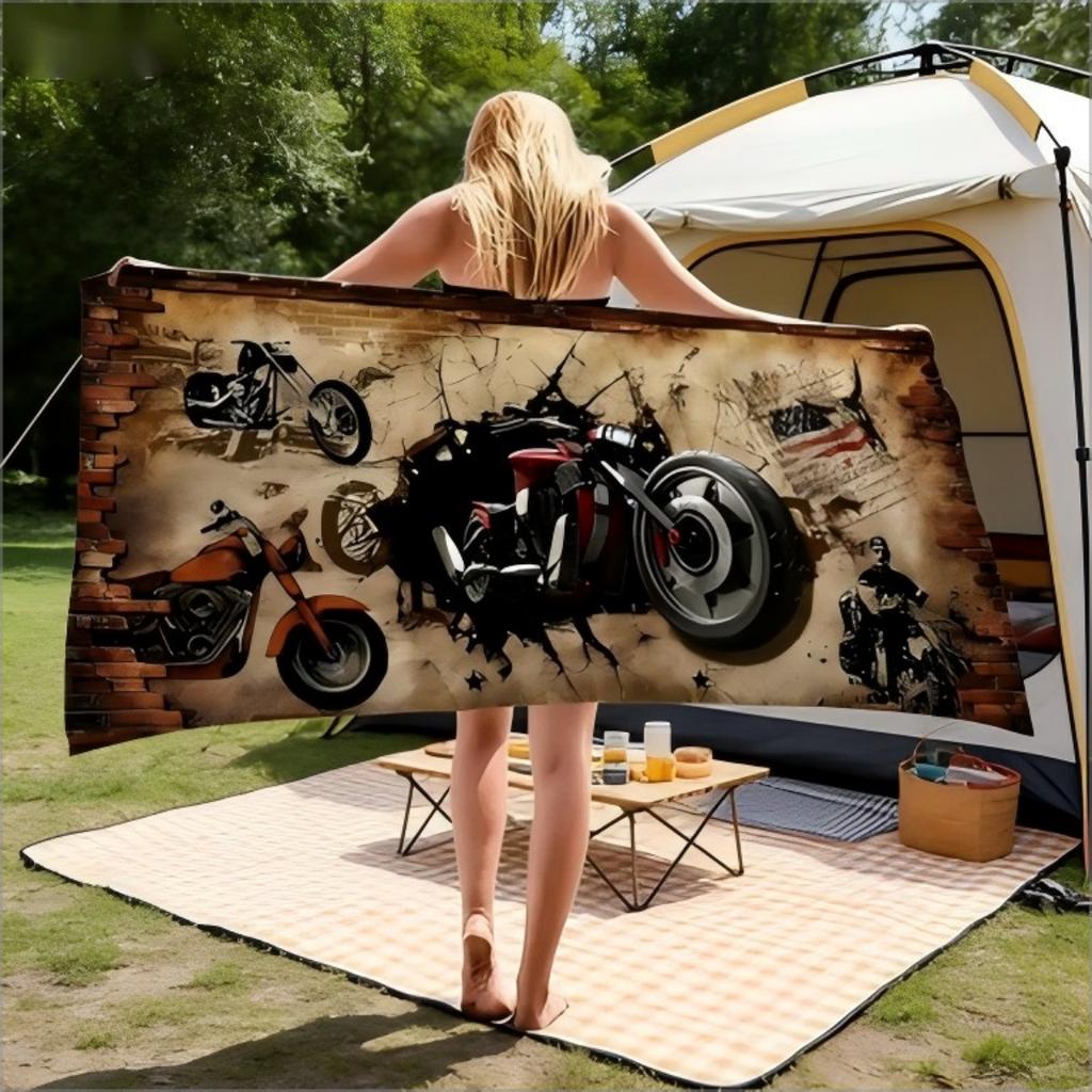 Vintage Klassisches Motorrad Print Strandtuch Schnelltrocknend Mikrofaser Sandfrei Saugfähig Waschbar für Biker Pool Reisen