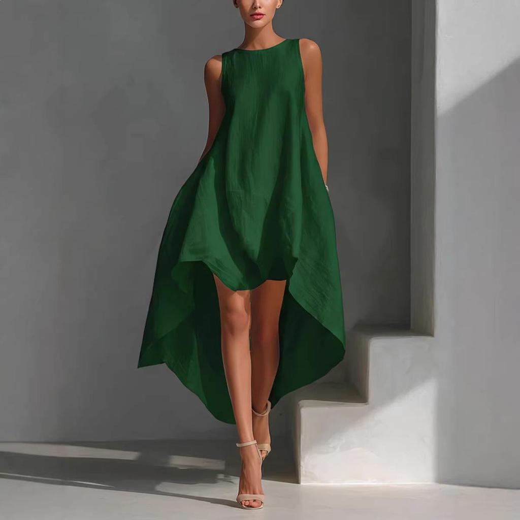 2026 Summer Women's Solid Color Sleeveless Loose Casual Dress with Irregular Hem