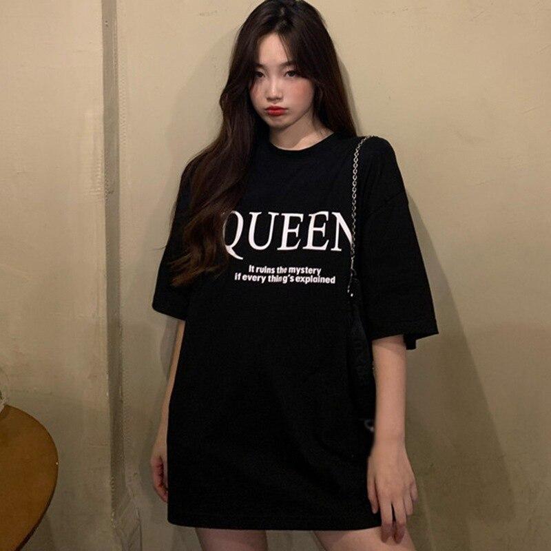 Damen T-Shirt Sommer Koreanischer Stil Einfarbig Buchstaben Locker Mittel und Lang Geschnittenes Unterteil Studenten T-Shirt Heiß