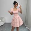 2026 Fashion New Square Neck Bubble Short Sleeve Women's A-word Solid Color Dress Elegant Party Solid Color Women's Princess Dress