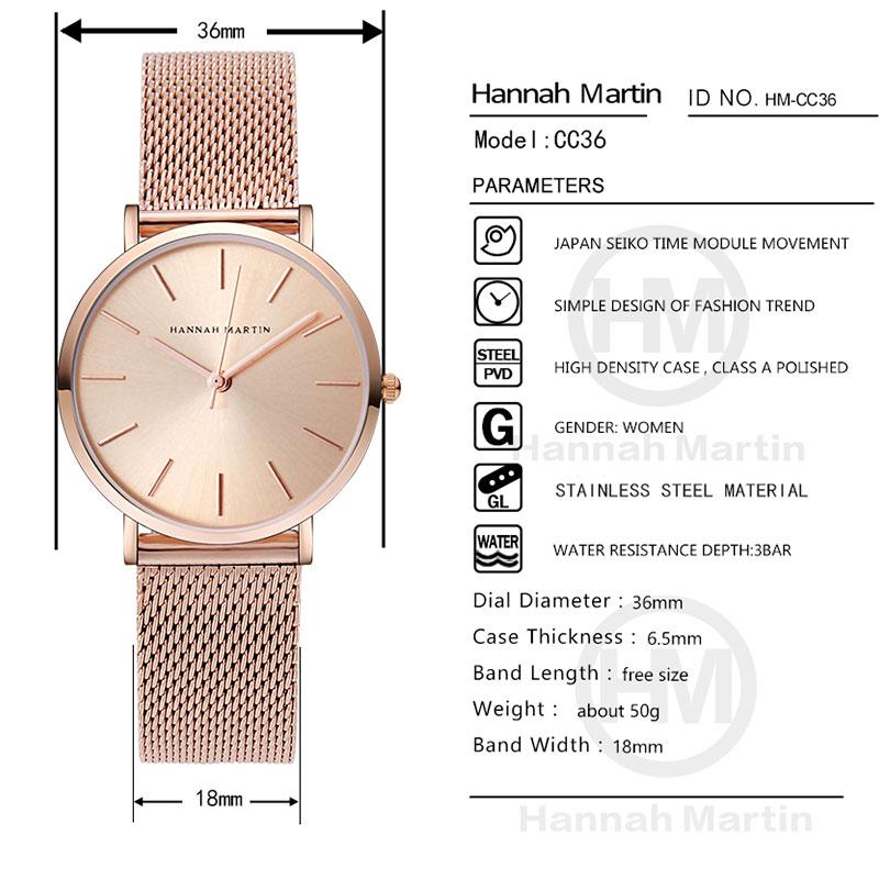Hannah Martin Japan Quartz Movement High Quality Women Stainless Steel Mesh Rose Gold Waterproof Ladies Watch Dropshipping CC36