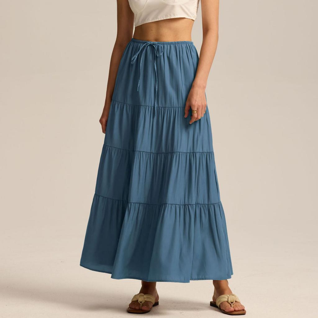 Damen Baumwollrock Hohe Taille Elastisch Schnürung Großer Schwingender Rock Lockere Naht Langer Rock