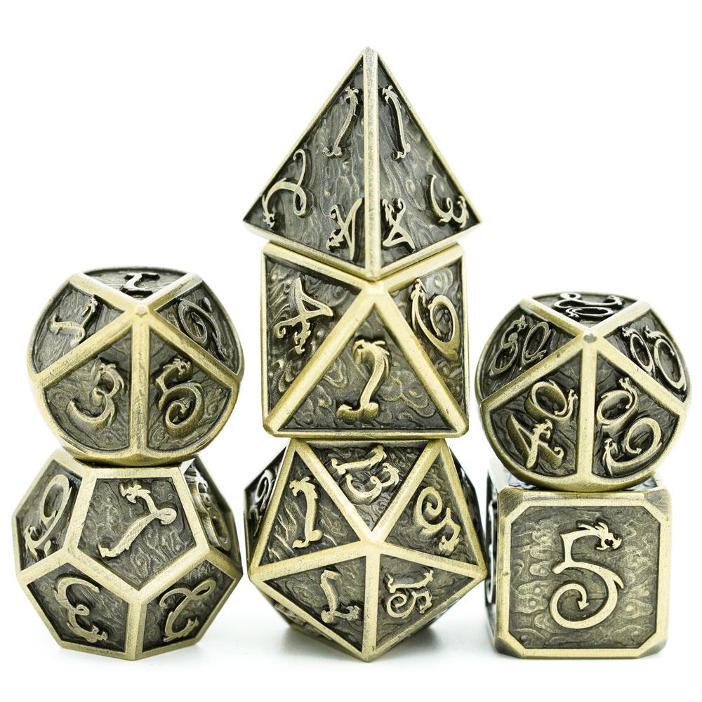 Cusdie Dragon Font DND Dice Metal, Auspicious Cloud, 7Pcs Polyhedral Dice Set, for D&D Role Playing Game Pathfinder Board Games
