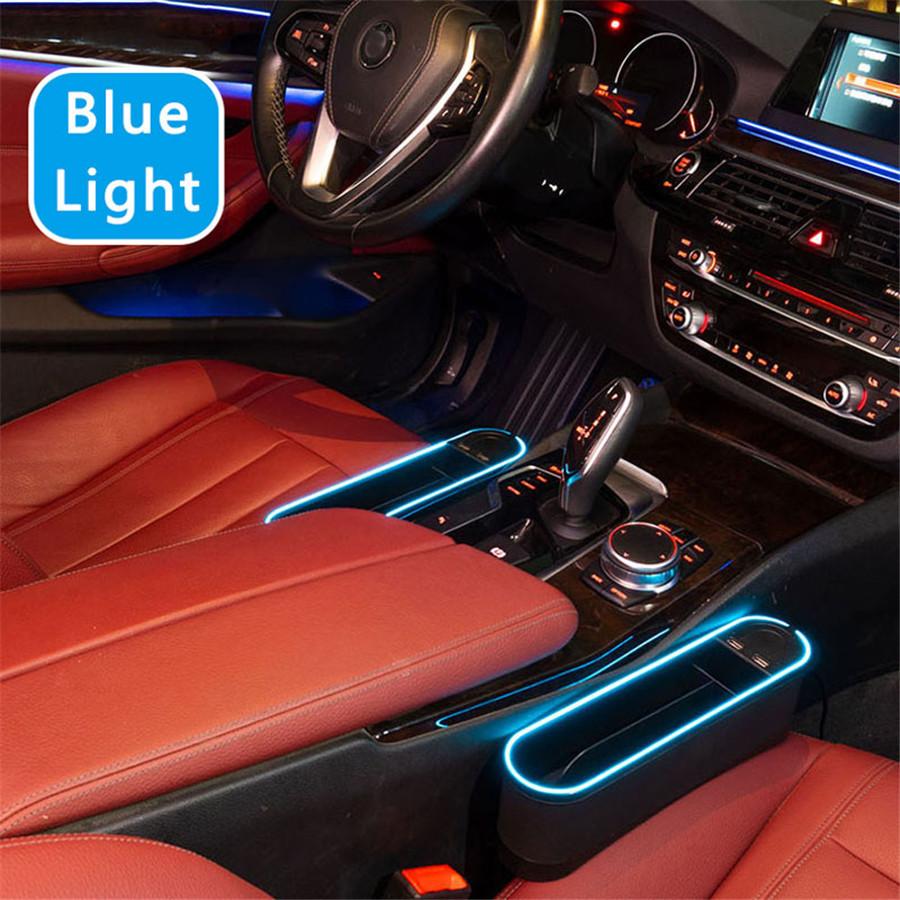 Left+Right PU Leather Car Seat Gap Storage Box w/ Blue Ambient Light USB Charger
