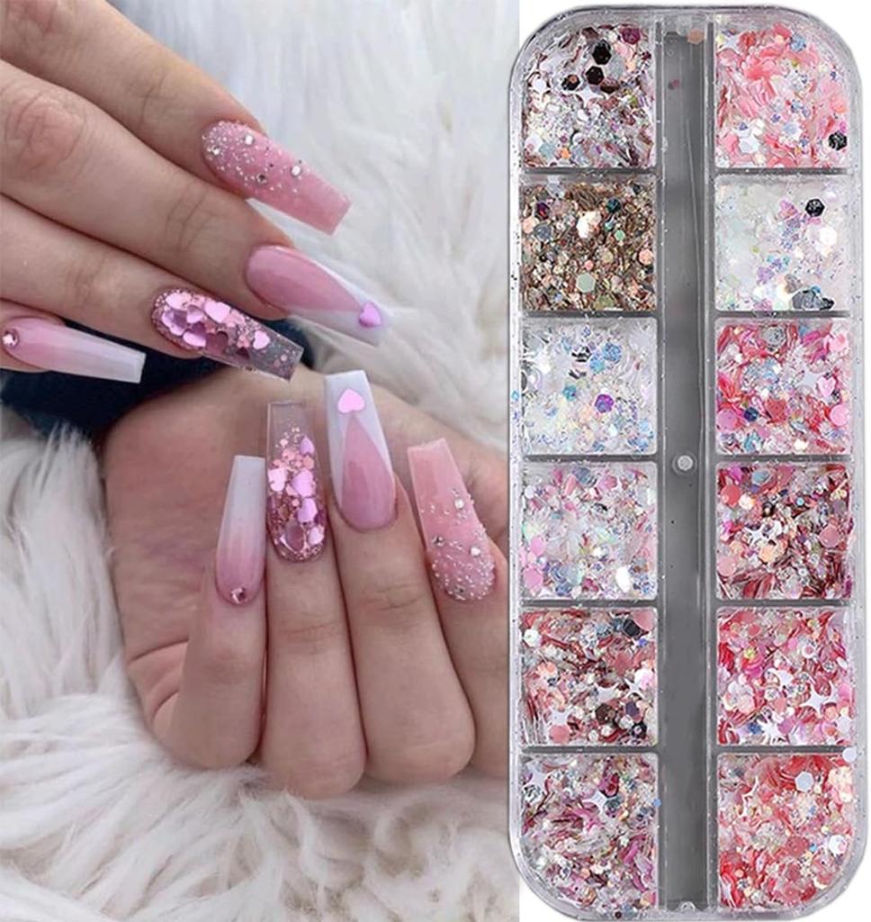 12Grids 3D Mini Heart/Star Nail Glitter Sequins 1mm Holographic Love Pentagram Flakes Sparkling Nail Art Decorations Paillettes