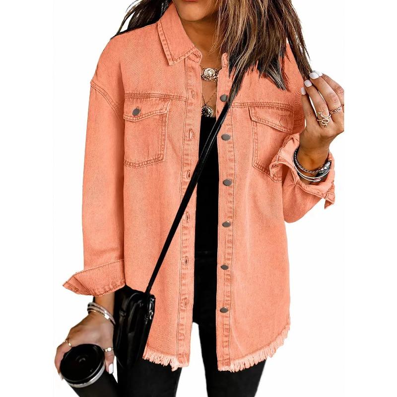 Washed Denim Jacket Women Autumn Tassel Lapel Jeans Female Casual Loose Long Sleeve Single Breasted Outerwear Shirts Coat