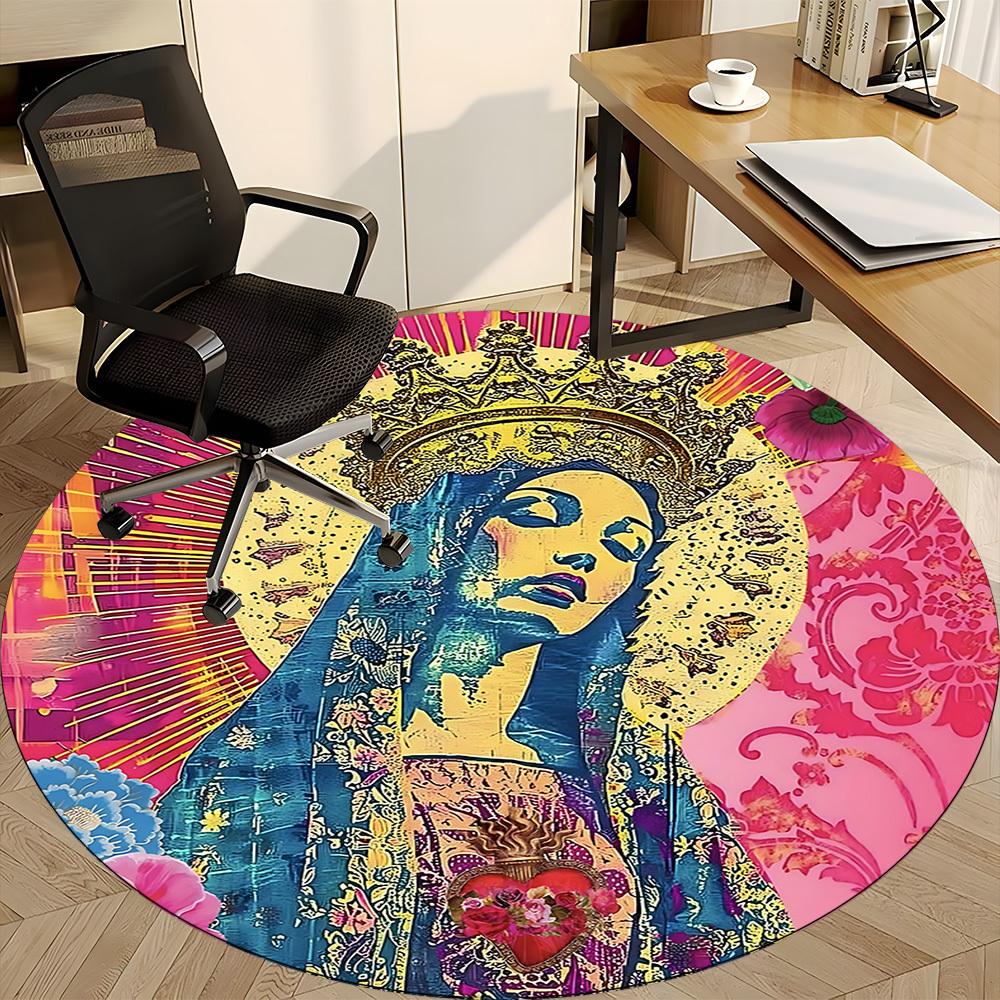 1pc Virgin Mary Print Carpet, Round Non Slip Durable Large Size Office Carpet, Suitable for Office
