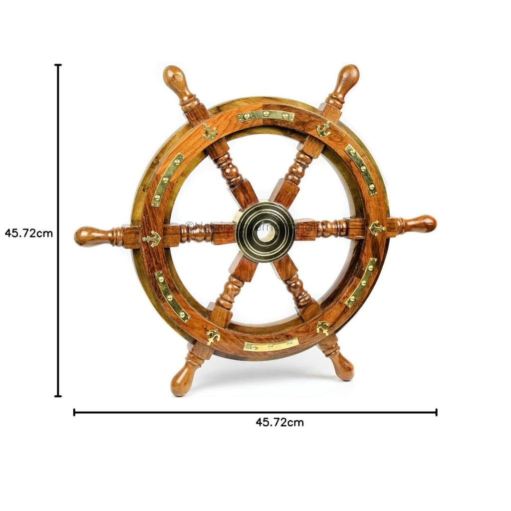 Nautical Premium Sailor's Hand Crafted Brass & Wooden Ship Wheel | Luxury Gift Decor | Boat Collectibles (18 Inches, Anchor & Strip)