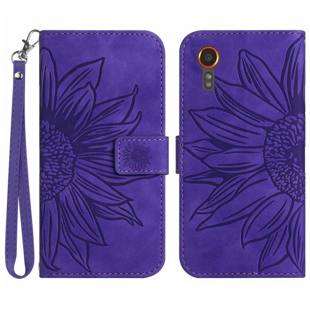 HT04 Für Samsung Galaxy Xcover7 Lederhülle Handy-Geldbörse mit Handschlaufe Sonnenblumenmuster