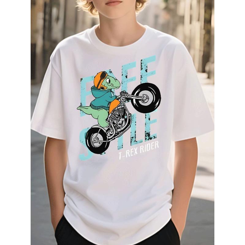 European sizes Boys Clothing Casual Trendy T-Rex Rider Graphic Tee Cartoon Dirt Bike Riding Dinosaur Street Style 110