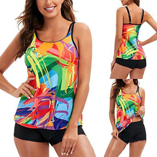 Beachwear U-neck Sleeveless Women Swimsuit Two Pieces Colorful Vest Swimwear Style Top Tummy Control Boyshorts Set for Vacation Bikini