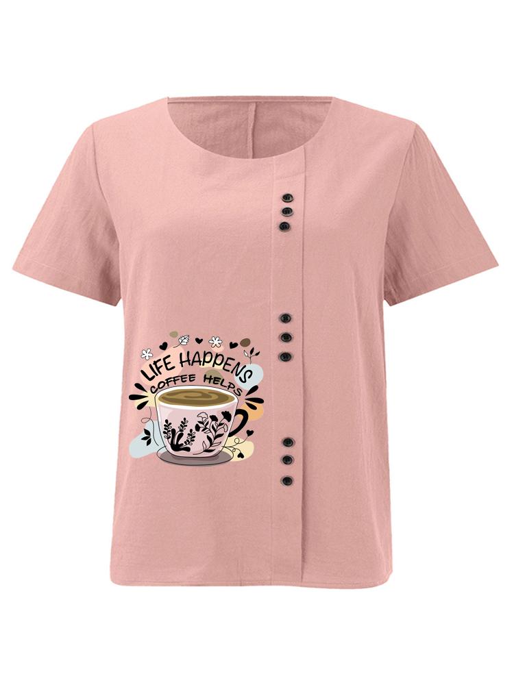 Women s Fashion Coffee Cup Alphabet Print Round Neck Short Sleeve T-shirt Summer Casual Cotton Linen Graphic Shirt Leisure Loose Blouse Tops S розовый
