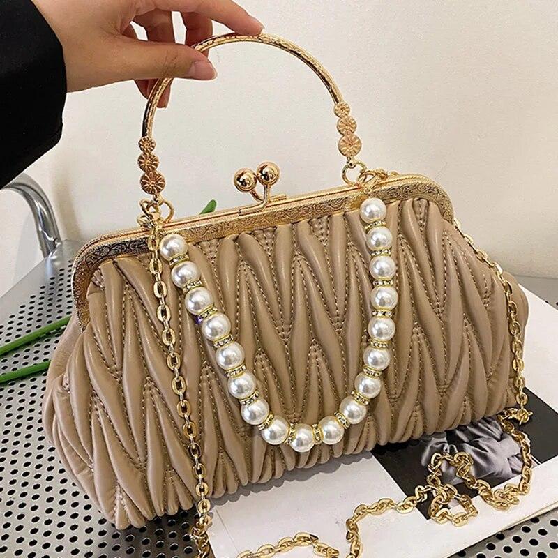 Fashion Women Orange Green Shoulder Bags Prom Clutch Pearl Chain Crossbody Bags Female Chic Totes Pu Leather Handbags And Purse